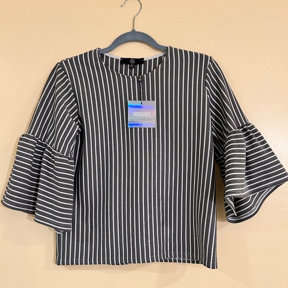 Missguided Striped Bell Sleeve Crop Top - Picture 1 of 3